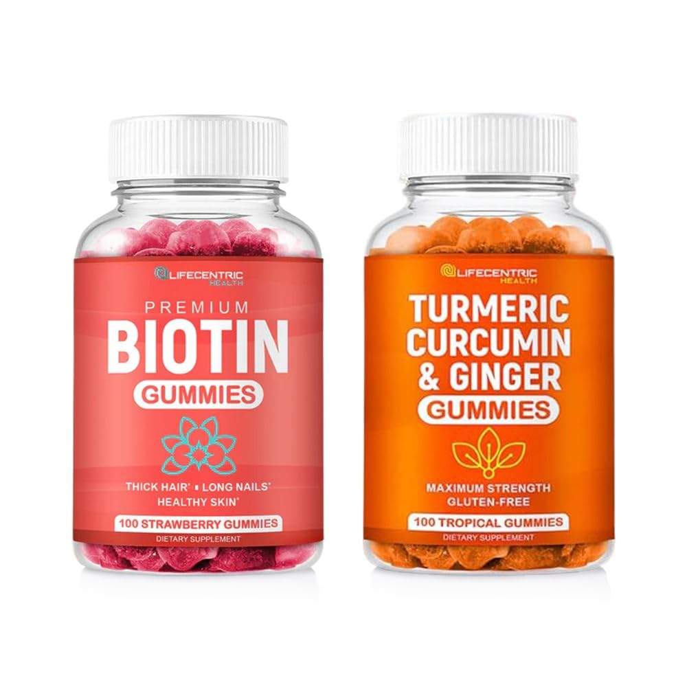 Biotin & Turmeric Vegan Gummies Combo 124; Max Siła Wzrost włosów, Zdrowie skóry, i ogólne Wellness 124; 10000mcg Biotin & 95% Znormalizowane kurkumina turmerowa 124; Naturalny, Non-GMO i suplement gluten- wolny
