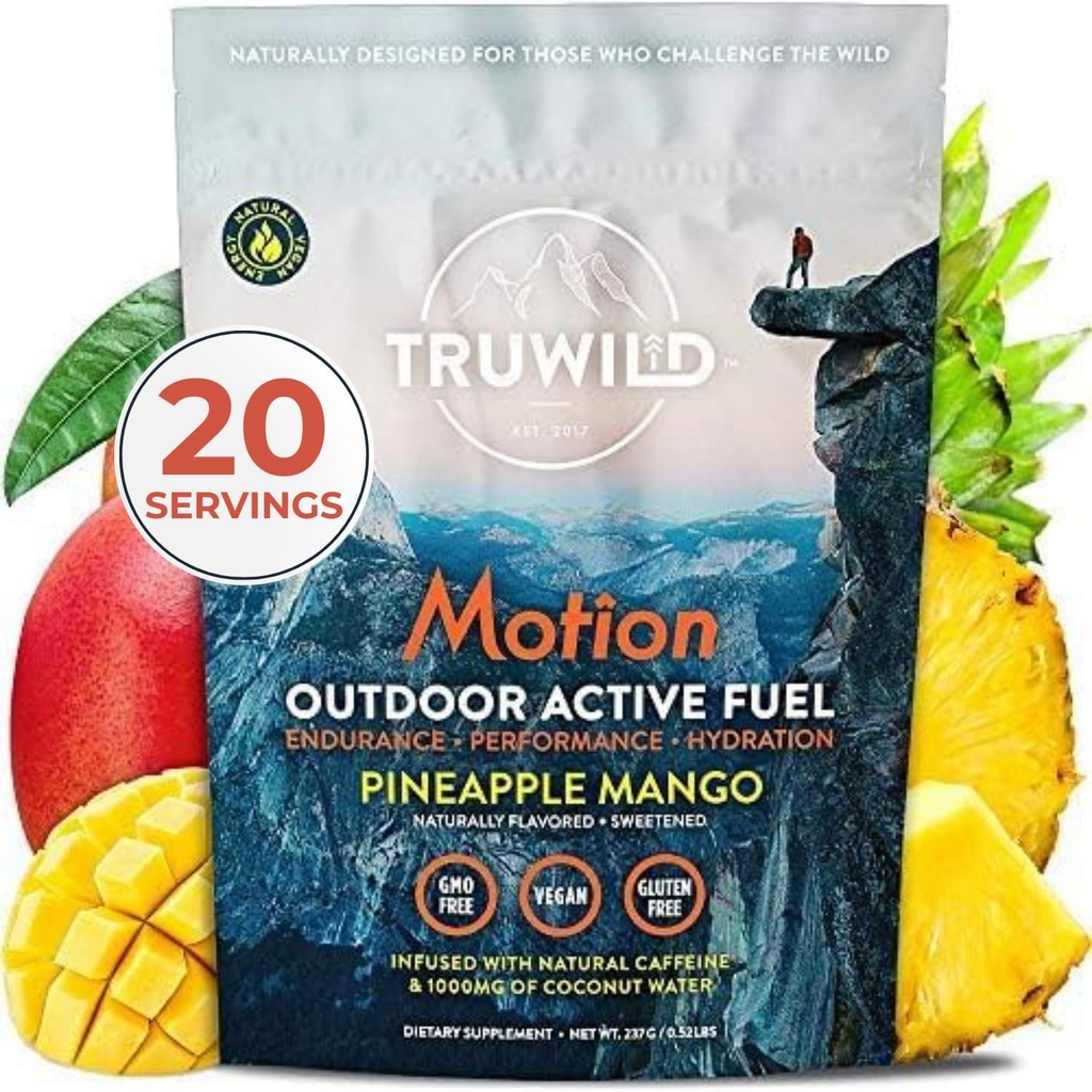 TruWild Motion All Natural Pre Workout proszek napój dla mężczyzn i kobiet bez dreszczy lub Crash, Cały roślina spożywcza oparta wegan, Organic z elektrolitami + BioPerine, 20 Słupki (Ananas Mango)