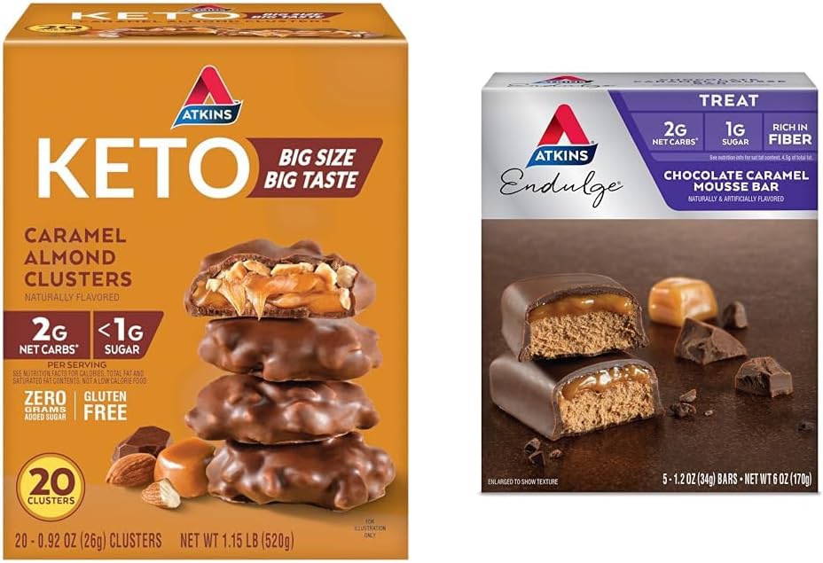 Atkins Karmel Almond Clusters, Gluten Free, Wysoka w włóknie, 1 g cukru, 2g netto Carb, Keto Friendly, 20 Hrabia & Endulge Czekoladowy Karmel Mousse Bar, Deser Favorite, 1 g cukru, Wysoka w włóknie, 5 Hr
