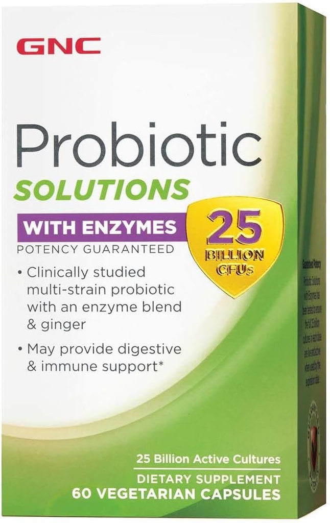 GNC Probiotic Solutions with Enzymes, Zapewnia wsparcie pokarmowe i immunologiczne, 25 Miliard CFU, 60 Kapsułki wegetariańskie, 60 Służenia