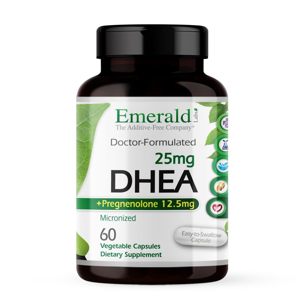 Emerald Labs DHEA 25mg - Suplement wsparcia nadnerczy do pomocy równowagi hormonalnej * - Zawiera DHEA - Gluten- Free - 60 Kapsułki warzyw (30- Day Supply)