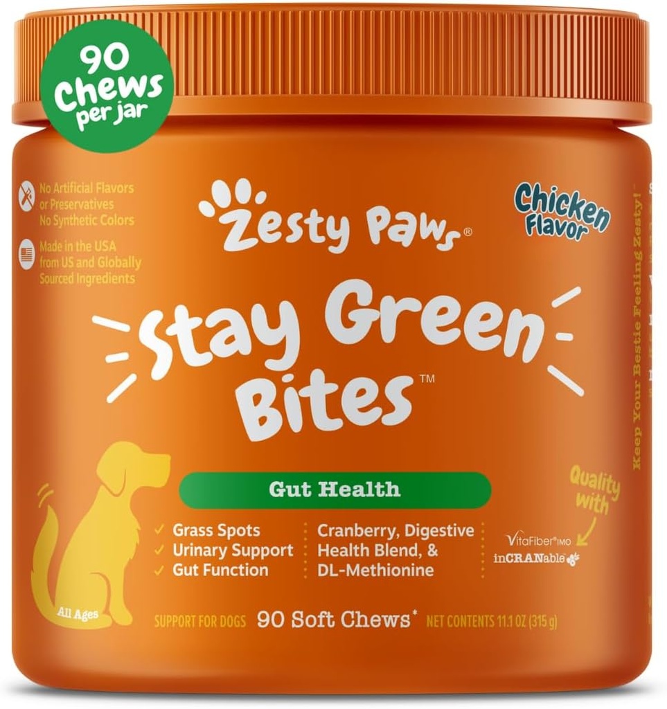 Zesty Paws Stay Green Bites dla psów - Trawa Burn Soft Chews for Lawn Spots Caused by Dog Morine - z żurawiny dla Traktu moczowego & Bladder - Kurczak - 90 Count