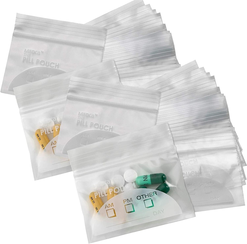 Pill Pouch Bags - (Pack of 150) 3 "x 2,75" - BPA Free, Poly Bag Disposable Zipper Pills Baggies, Daily AM PM Travel Medicine Organizer Storage Pouches, Best Clear Remable with Write- on Etykiety