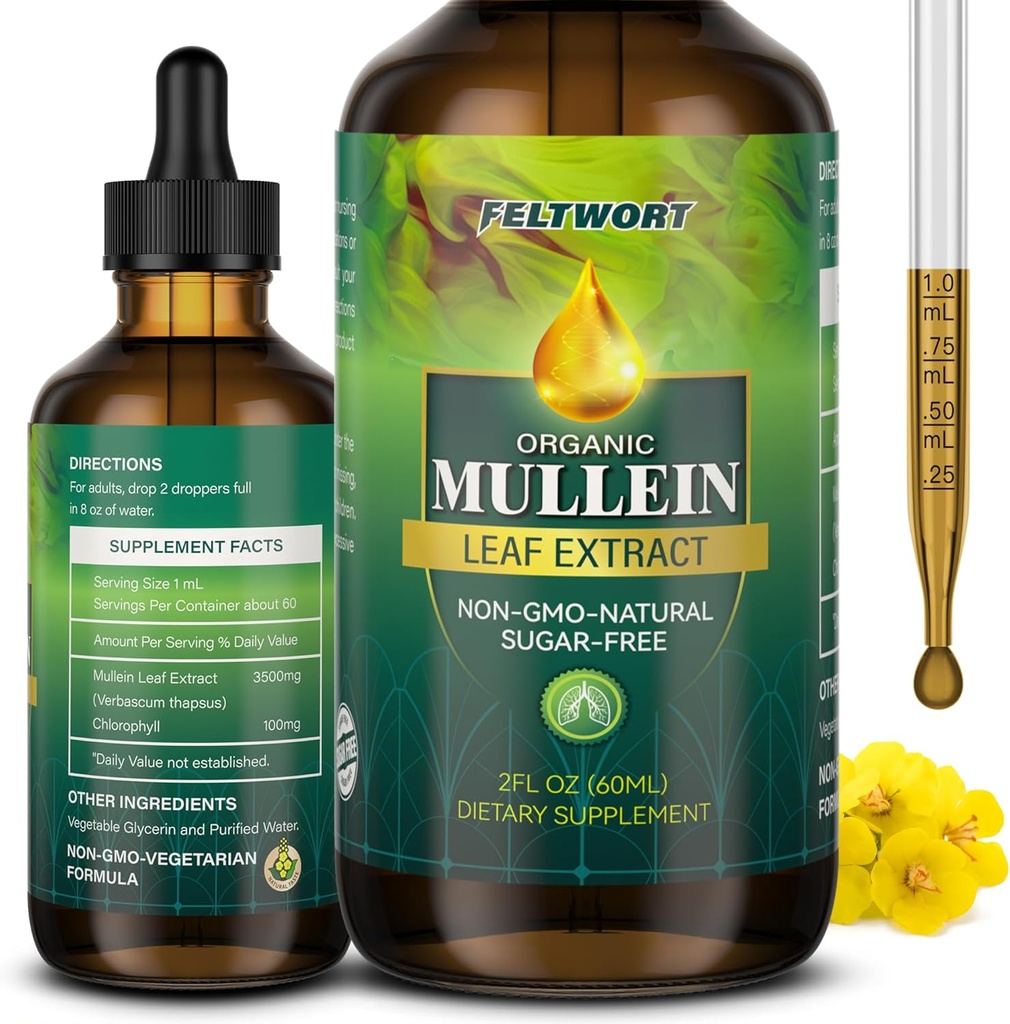 Mullein Drops - Lung Cleanse - Ekstrakt Leaf - Potężny Mullein do wsparcia immunologicznego, Detox & Wsparcie układu oddechowego - Suplementy ziołowe - 2 Oz- 6