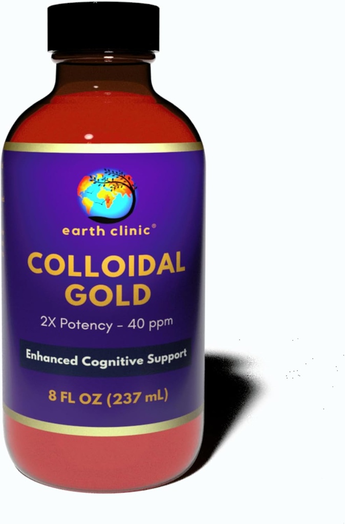 Earth Clinic ® Colloidal Gold - 2X Koncentrated 40 ppm, 8 fl oz Amber Bottle for Enhanced Brain Health & Wsparcie Cognitive
