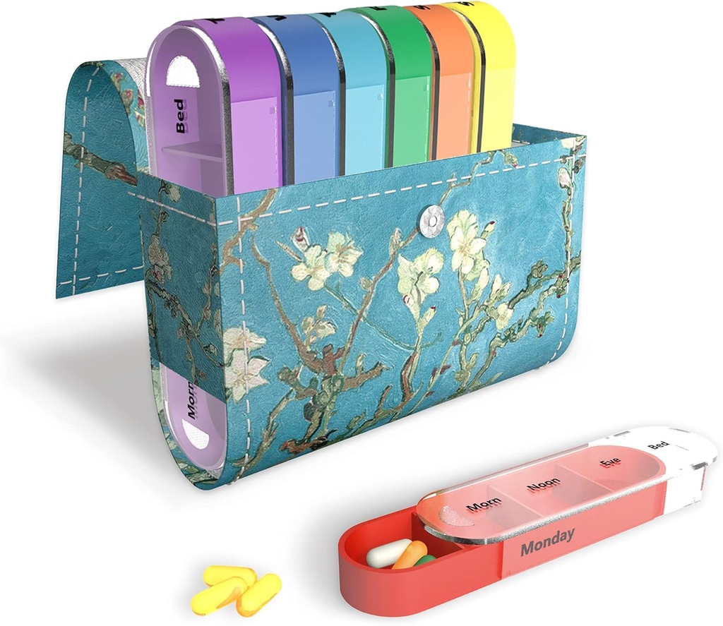 Pill Organizer, LIZIMANDU Cotygodniowe Travel Pill Case Box Medication Reminder Daily AM PM, Day Night 7 Komory, dla 4 razy dziennie, 7 dni w tygodniu Obudowa ze skóry PU (Peach Blossom)