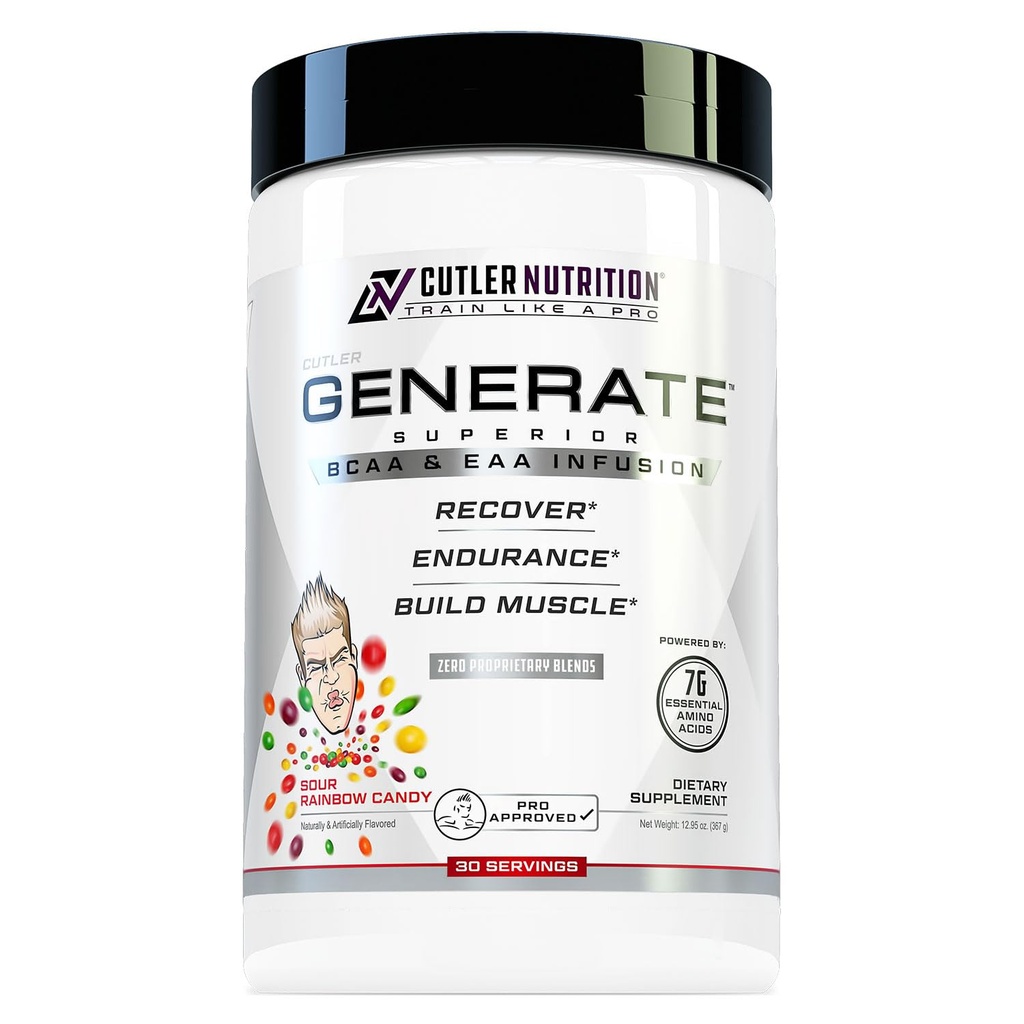Cutler Nutrition Generować EAA i BCAA Proszek: Najlepszy rozgałęziony łańcuch aminokwasy suplement z zasadniczymi aminokwasów, 5g BCAA, 2g EAA dla Lean Muscle Mass 124; Sour Rainbow Candy, 30 Służenia