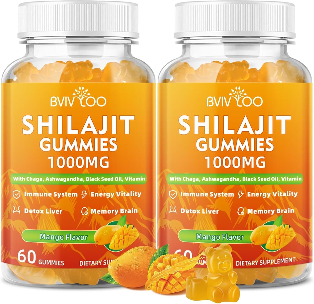2 Pakiety Shilajit Gummies 1000mg Sugar Free - Shilajit Supplement for Men & Women - High in 85 + Ślad minerałów i kwasu Fulvic - Energia, Mózg, Immunitet - 120 Gummies
