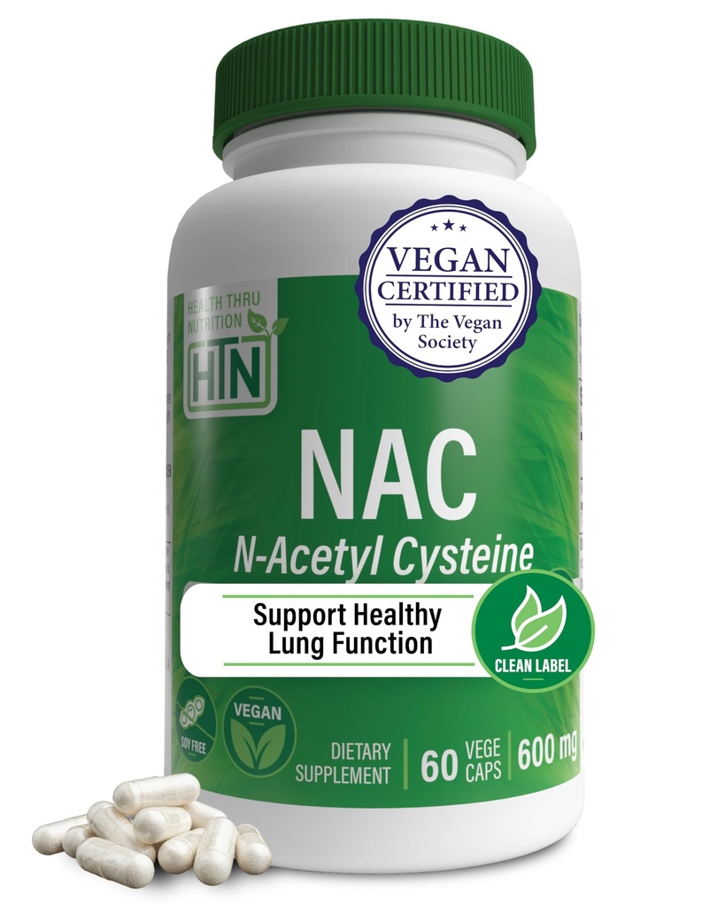 Health Thru Nutrition NAC N- Acetyl- Cysteine 600mg 60 Kapsułki 124; Vegan Certified Description 124; The Purest NAC Supplement Equipment 124; Wspomaga zdrowe Lung, Funkcje wątroby & Zdrowie komórkowe 124; Non-GMO Soy & Gluten Free