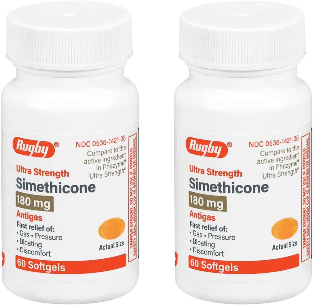 Rugby Ultra Simeticone Gas Relief 180 mg - Maksymalna ulga gazowa dla dorosłych - Może pomóc w objawach płaskości, wzdęcia, pełni gazu - 60 Softgels (2 Pack)