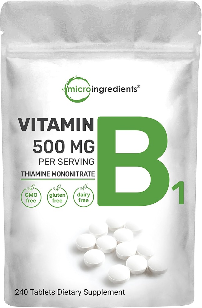 Micro Składniki Witamina B1 500mg Na Podawanie, 240 Tabletki do stosowania 124; Witamina B1 Suplement tiaminy, Esential B Witaminy do 124; Wspomaga Metabolizm i Zdrowy system nerwowy