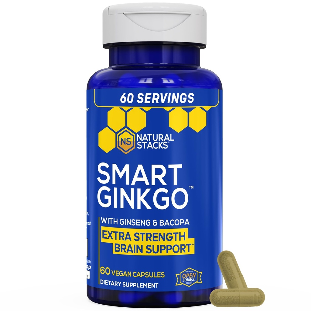 NATURAL STACKS Ginkgo Biloba Suplement z 200mg Panax Ginseng & 200mg Bacopa Monnieri - Suplementy mózgu do pamięci i skupienia - Koreański Ginseng do wsparcia zdrowia mózgu - 60 Ginkgo Biloba kapsułki
