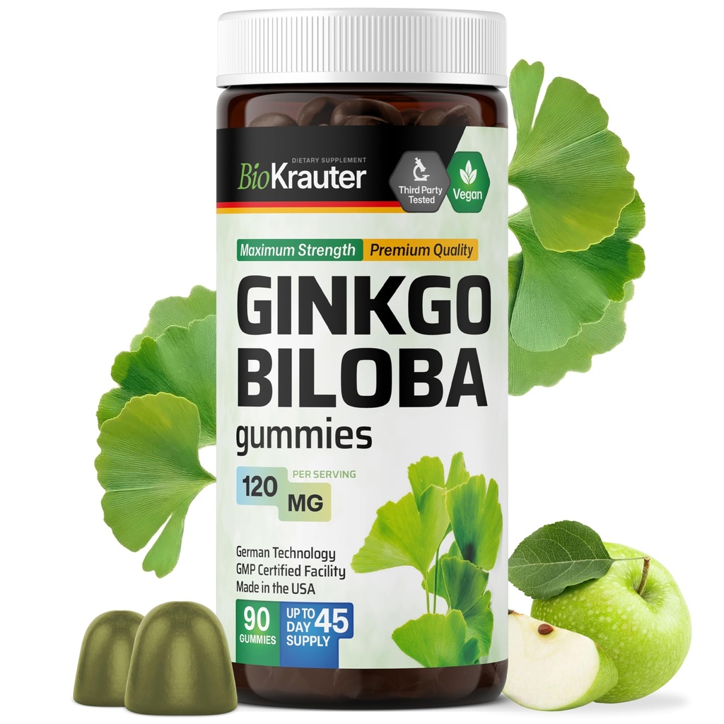 BIO KRAUTER® Ginkgo Biloba for Brain Support - Vegan Ginkgo Biloba Supplement for Calm, Focus & Memory - 90 Ginkgo Biloba Gummies for Brain Health, 45-Day Supply - Non-GMO, Apple Flavor