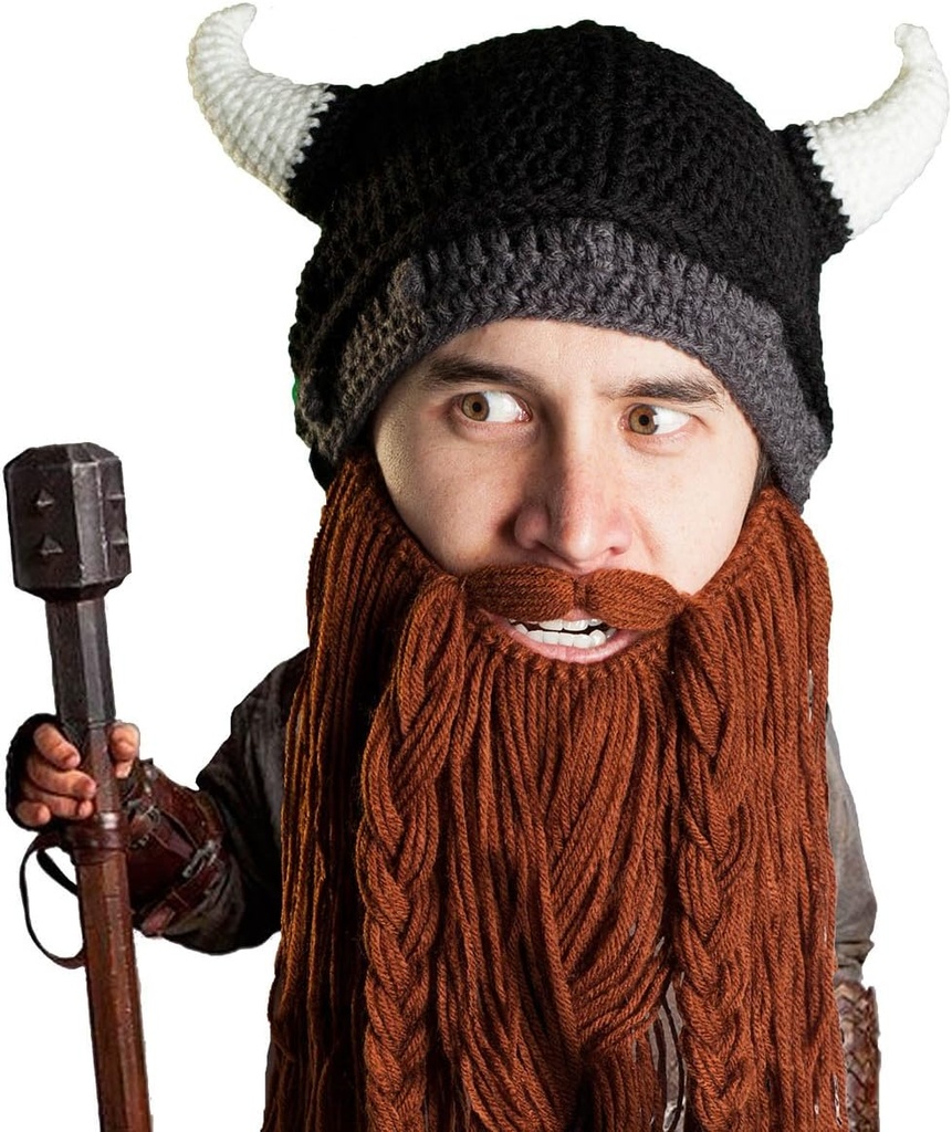 Beard Head Viking Pillager - Original Handmade Knit Viking Horn Hełm i zdejmowane plecione brązowe / czarne brody