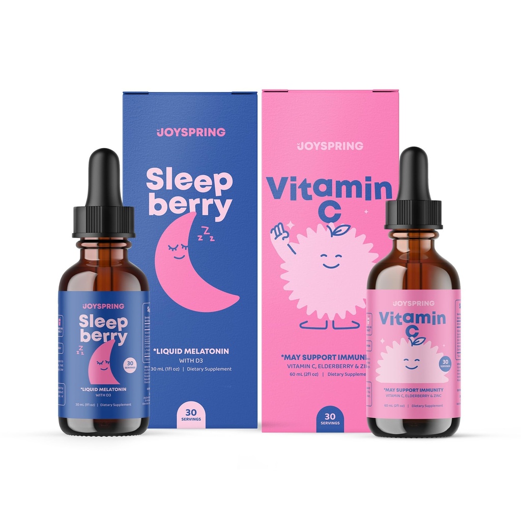 JoySpring Witamina C Krople dla dzieci - Wsparcie immunologiczne z cynku i Elderberry & SleepBerry Melatonina dla dzieci z Elderberry