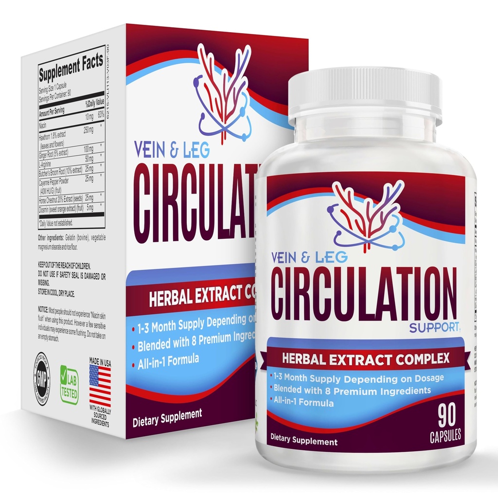 Vein & Leg Circulation Supplement (All- in-1) Wsparcie zdrowotne z 8 Aktywne składniki 124; Blood Circulation Booster Formuła 124; Leg & Vein Suplementy 124; 1-Miesiąc Dostawy 124; 90 Kapsułki