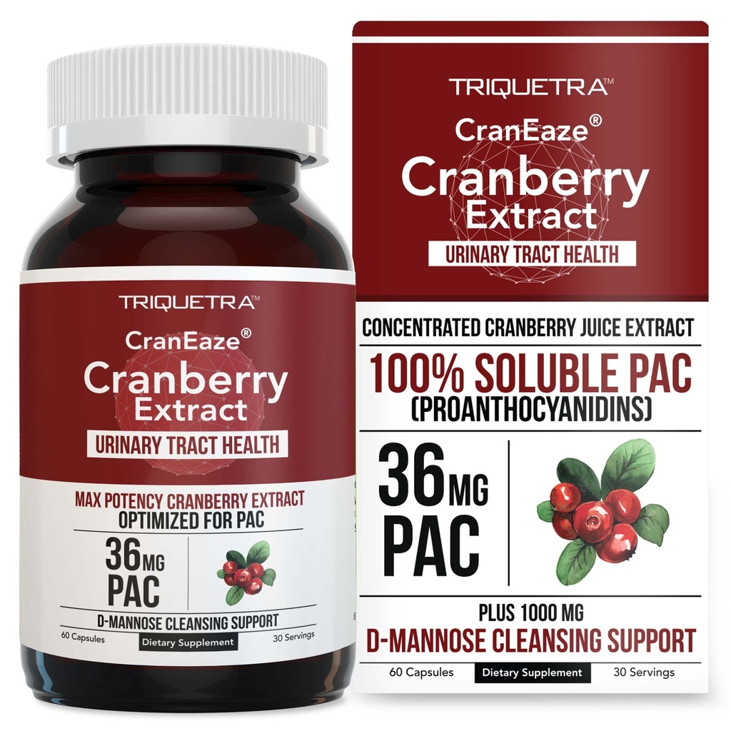 CranEaze ®: ekstrakt z soku żurawinowego Plus D- Mannose - 36 mg PAC, 100% Rozpuszczalny PAC - Wspiera Trakt moczowy Zdrowie - Najbardziej skuteczne pigułki żurawinowe dla kobiet, UTI Suplement żurawinowy - 60 Kapsułki