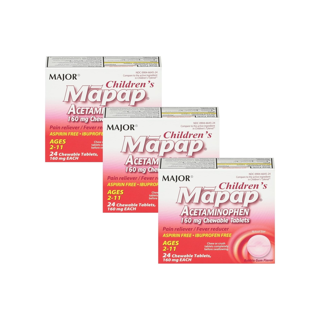 MAJOR Mapap Acetaminofen 160 mg tabletki do rozgryzania i żucia - Reliever Pain / Fever Reducer - Aspirin Free - Ibuprofen Free - dla wieku od 2 do 11- 24 Count (3 Pack)