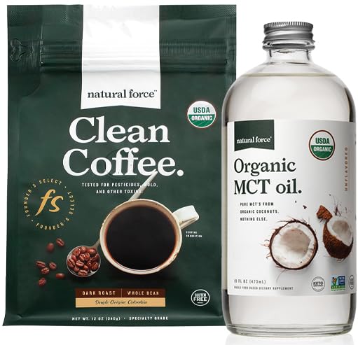 Natural Force Organic Dark Roast Clean Coffee + Organic MCT Oil Bundle - 100% Czysty MCTs Kokosowy & Mold & Mycotoxin Free Coffee - Non-GMO, Keto, Paleo i Vegan - 12 Oz i 16 Oz