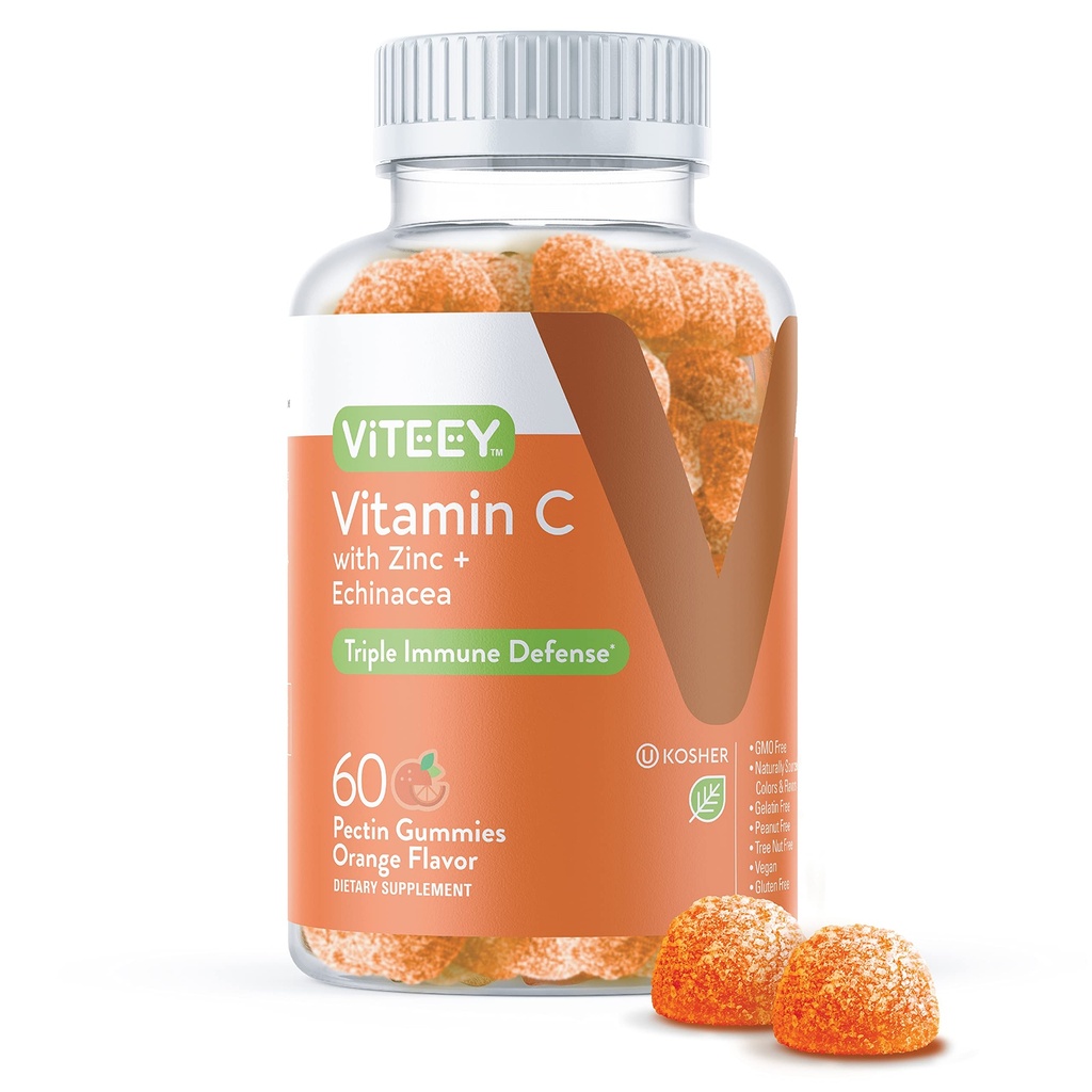Witamina Witamina C Gummie dla dorosłych i nastolatków z Cynk & Echinacea - Gummie wsparcia immunologicznego - Wegan, Żelatyna Free, Gluten Free, GMO Free - Smaczna Witamina C Pomarańczowy Gummy do żucia