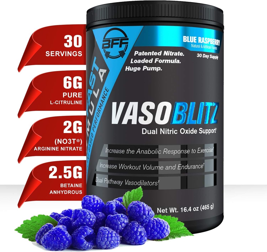 VASOBLITZ Award Winning Dual Nitric Oxide pre Workout z NO3T Azotan argininy, L- Citrulina, Betaine Bezwodny, Lactanian wapnia, Kofeina Free for Muscular Endurance (30 Serving) (Blue Malina)