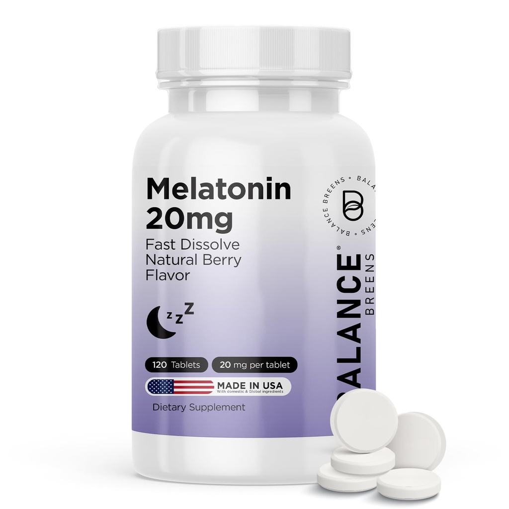 Balancebreens Melatonina 20mg Szybko Rozpuścić tabletki - Wysoka potencja, Szybkie aktorstwo, Naturalne wsparcie snu - Pomoc snu dla dorosłych - Non- Groggy, Formuła - 120 Pigułki snu