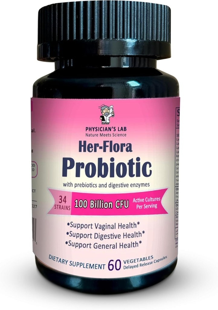 Physician’s Lab Her-Flora Women’s Probiotic 100 Billion CFU per Capsule, Non-GMO, 34 Strains, with Prebiotics & Digestive enzymes, Gut & Vaginal Health, H.Pylori Support, 60 Veg Caps,2-Months Supply!