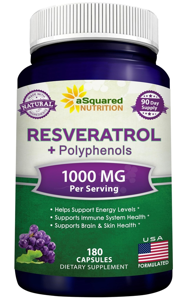 aSquared Nutrition Natural Resveratrol with Red Wine Extract - 180 Capsules - Trans Resveratrol Antioksydant Supplement Pills for Pure Heart Health - Extra Siła Trans- Resveratrol