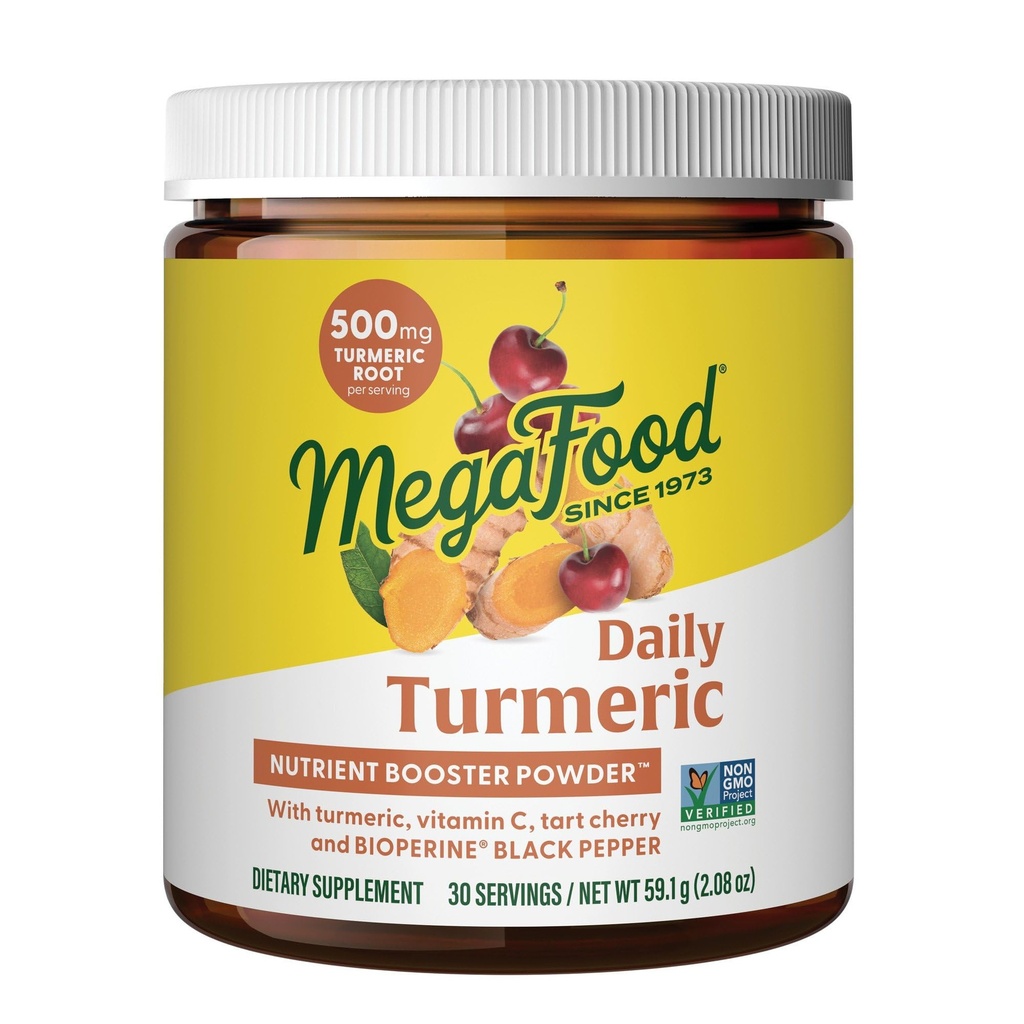 MegaFood Daily Turmeric Nutrigent Booster Powder - Turmeric Supplement - z Black Pepper Extract, Tart Cherry & Witamina C - Wegan - Made Without 9 Food Allergens - 2.08 Oz (30 Servings)