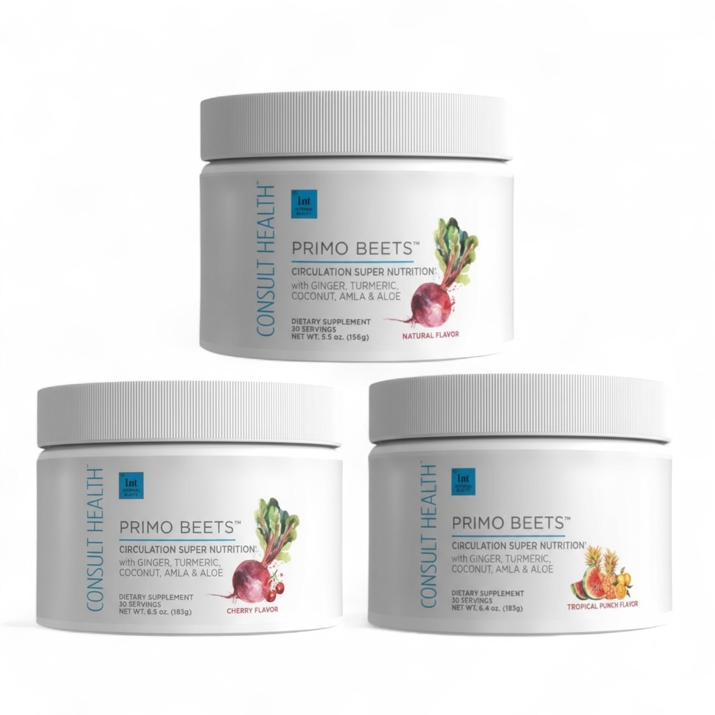 Consult Health Primo Beets Buek w proszku napój z azotanami, Codzienne wsparcie cyrkulacji z Ginger i Turmeric, 3 Pack of Flavors, Cherry, Blueberry i Truskawka Lemoniada 6.5 oz Każdy