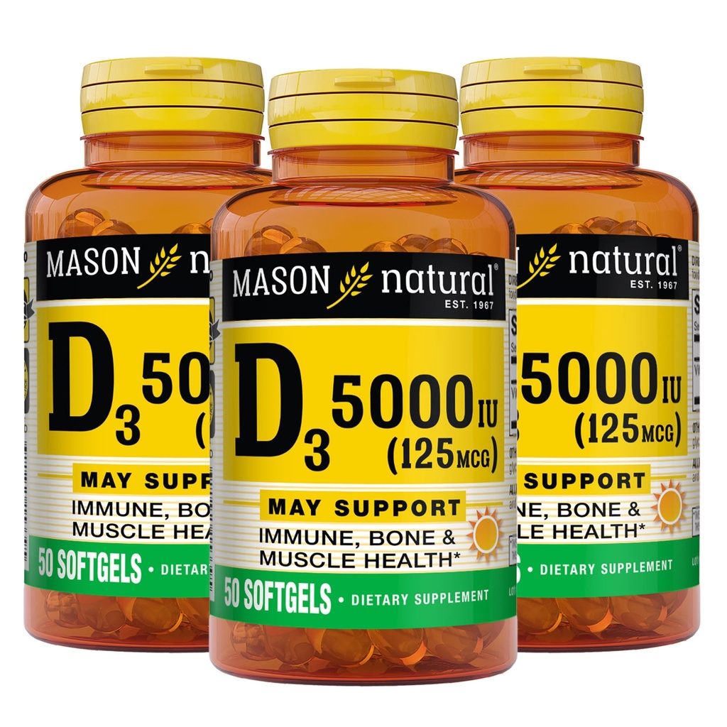 MASON NATURAL Witamina D3 125 μg (5000 j.m.) - Wspiera ogólne zdrowie, wzmacnia kości i mięśnie, z oleju z wątroby ryb, 50 Softgels (Opakowanie po 3)