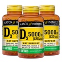 MASON NATURAL Witamina D3 125 μg (5000 j.m.) - Wspiera ogólne zdrowie, wzmacnia kości i mięśnie, z oleju z wątroby ryb, 50 Softgels (Opakowanie po 3)