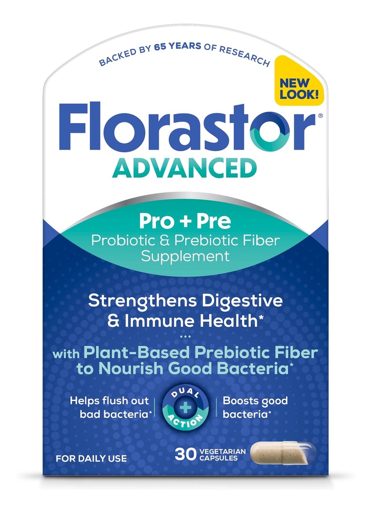 Florastor Advanced Pro + Pre Daily Probiotic and Prebiotic Supplement for Women and Men, Wzmacnia dobre bakterie, Saccharomyces Boulardii CNCM I- 745 (30 kapsułek) (opakowanie po 1)