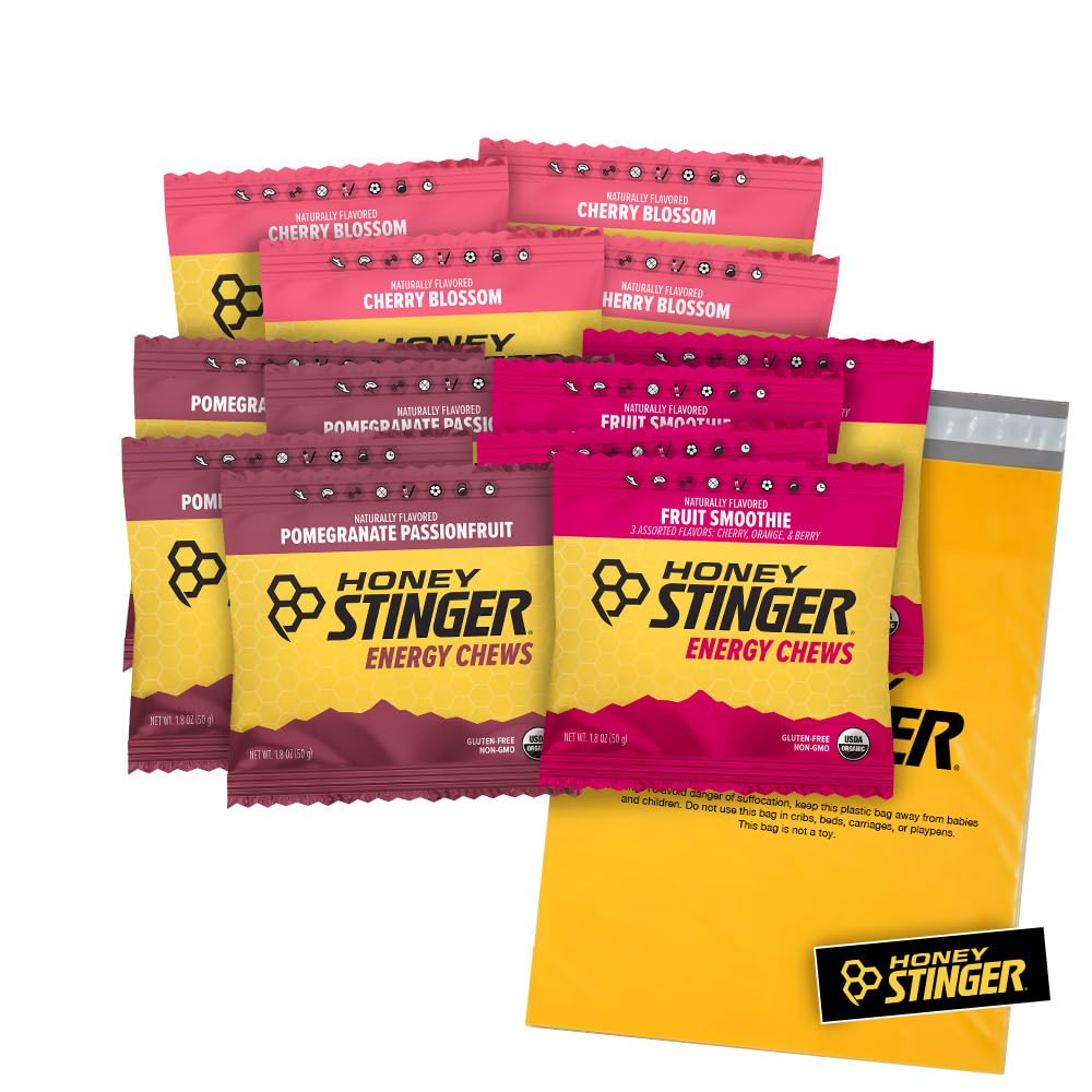 Miód Stinger Organic Energy Chews - Odmiana Pack - 12 Count - 4 z każdego zapachu - Chewy Gummy Energy Source - Cherry Blossom, Fruit Smoothie & Pomegranate Passionfruit - Plus Sticker i Polybag