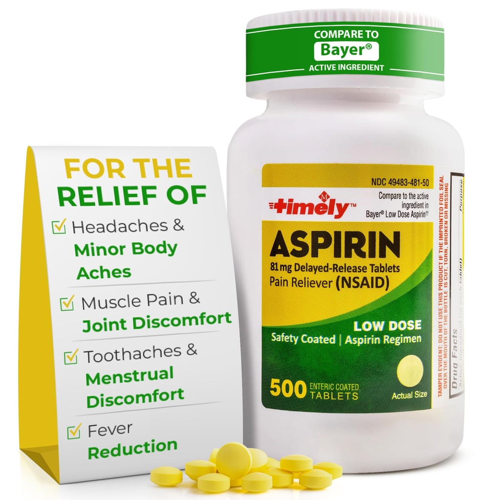Aspiryna Aspiryna 81mg w odpowiednim czasie dla dorosłych - Reliever bólowy dla mniejszych achów i zmniejszenia gorączki - W porównaniu do aktywnego składnika w Bayer - Aspiryna o niskiej mocy - 500 tabletek