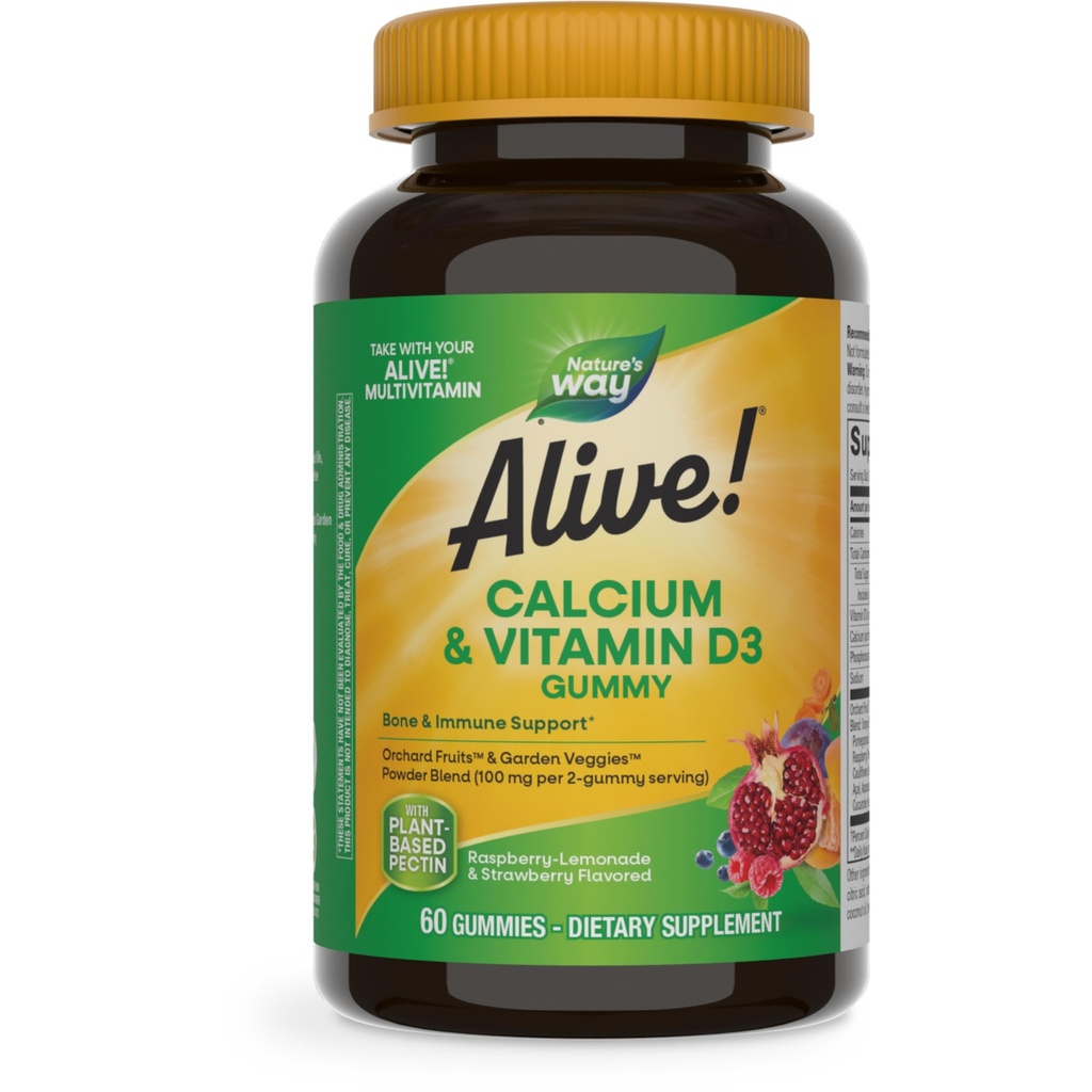 Nature 's Way Alive! Gummeje wapniowe do żucia z witaminą D3, suplement dzienny wspomaga zdrowe kości i zęby, a mięśnie Funkcje *, truskawka i Raspberry- Lemoniada Flavored, 60 Gummies