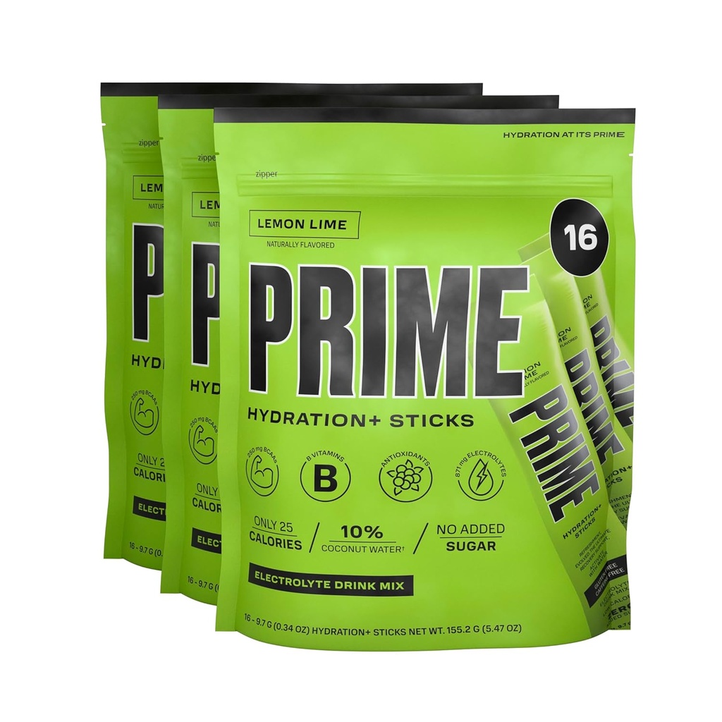 PRIME HYDRATION + Sticks Lemon Lime Agregat 124; Hydration Powder Single Serve Sticks Agregat 124; Electrolyte Powder On The Go Agregate 124; Niski cukier Agregat 124; Kawa wolna 124; Wegan Agregat 124; 48 Sticks