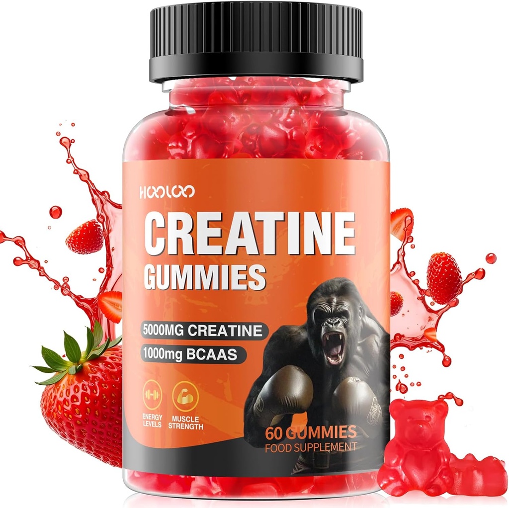 HOOLOO Gummie kreatynowe 5000mg Monowodzian kreatynowy, 1000mg BCAA per Serving - Żute żelki wegetariańskie wolne od cukru, aromat truskawkowy (1 miesiąc dostaw)