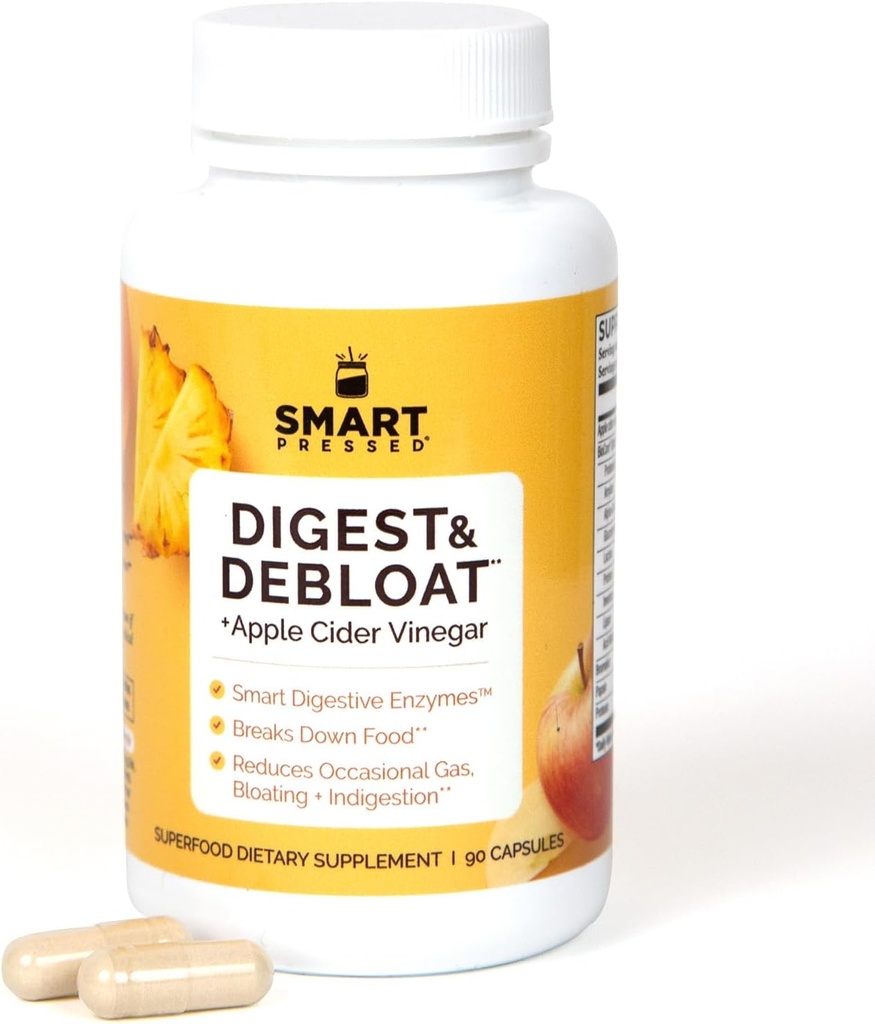 SMART Pressed Juice Digest & Debloat Digestive Enzymes Szybkie działanie na niestrawność kwaśną Refluks Heartburn Gas Bloat 124; All Natural Digestive Health z Jabłkiem Cydr Ocet, 90 Kapsułki Made in USA