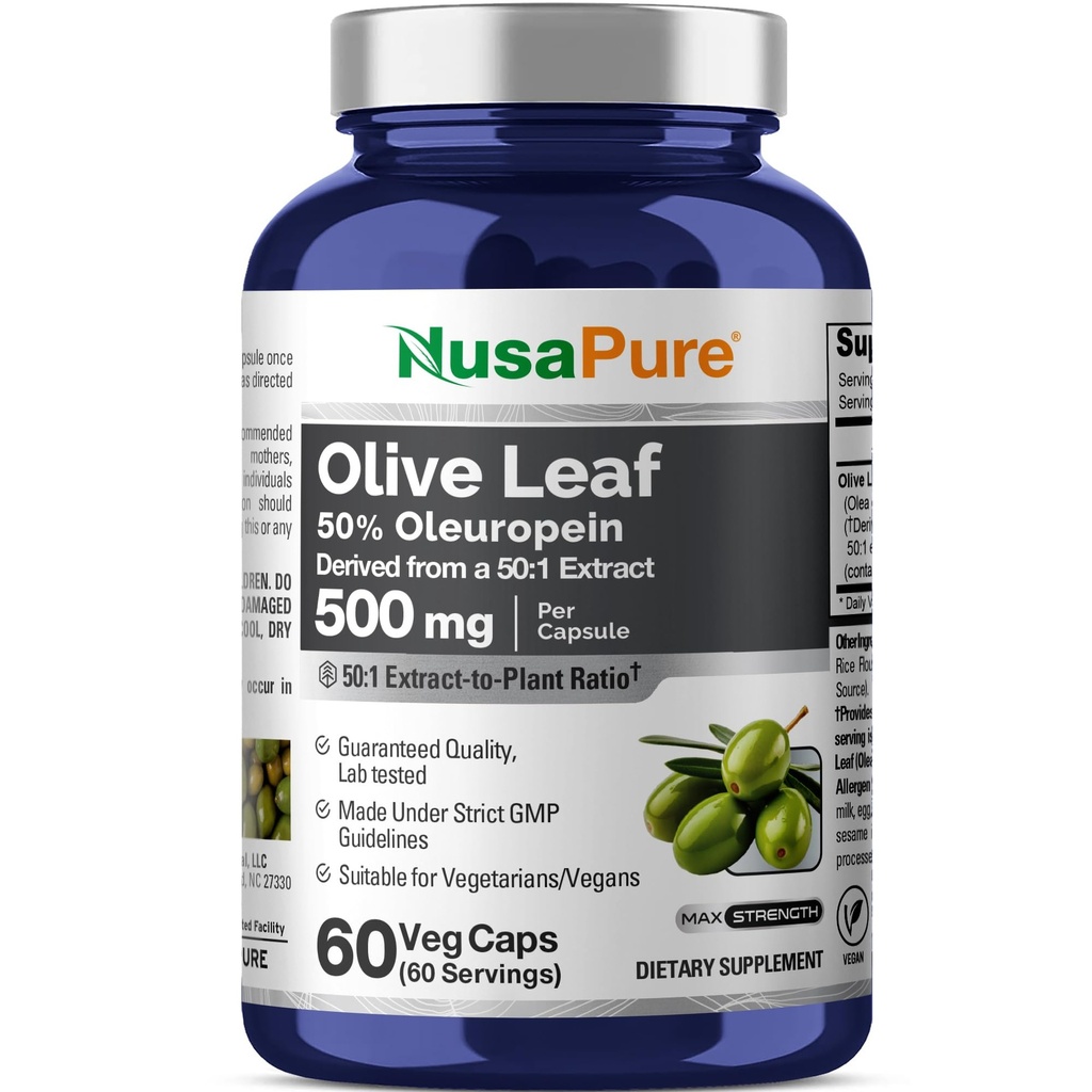 NusaPure Olive Leaf 50: 1 Extract, 500 mg ekwiwalent 25,000 mg - 50% Oleuropein Vegan / Vegetarianin - Super Siła No Oil 60 Kapsułki