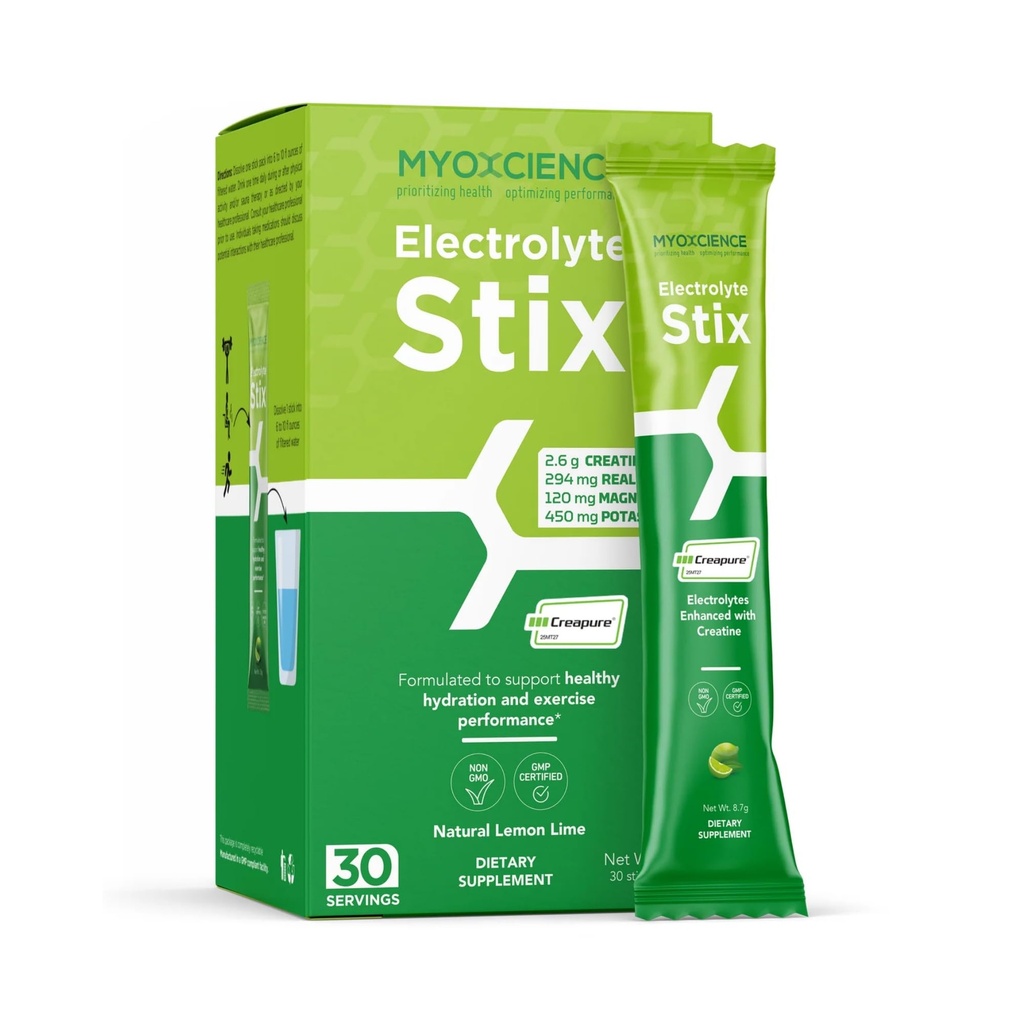 MyoXCIENCE Electrolyte STIX STIX 124; Proszek elektrolitowy kreatynowy 124; Odzysk z ćwiczeń i rozwoju mięśni w / Real Salt (Lemon Lime Flavor) (Stix 30 ct)