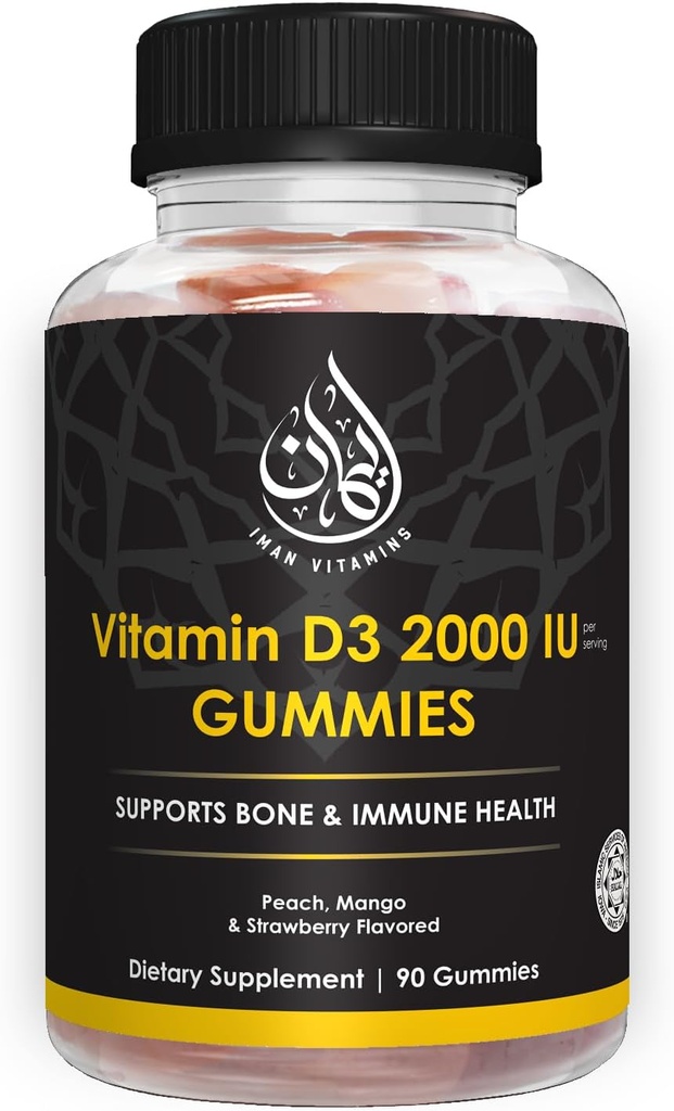 Gummy Halal witaminy D3 dla dorosłych, mężczyzn i kobiet 124; 1000IU - 2000IU 124; Wspiera kości, odporność i zdrowie serca 124; Wegetarianin, Non-GMO, Gluten- Free 124; 45- 90 Służenie