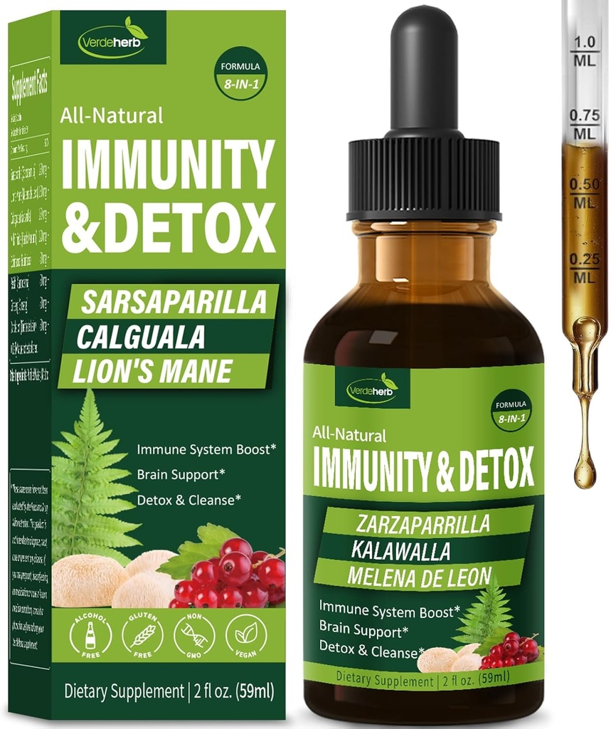 Sarsaparilla & Kalawalla Root (Polypodium Leucotomos) Immunitet & Detox Drops, Natural Herbal Immune Support Formula w / Lwie 's Mane. Gotas de ZaZapazarrilla, Cardo Mariano y Melena. 2oz