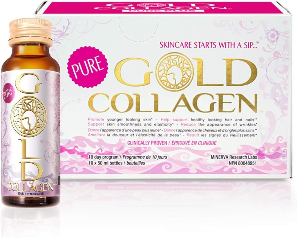 GOLD COLLAGEN Pure - Suplementy kolagenowe dla kobiet i mężczyzn z biotyną do wzrostu włosów, skóry i paznokci - anty zmarszczkowy system immunologiczny booster z kwasem hialuronowym, witamina C, B6 i cynk, 1 opakowanie 10x50 ml