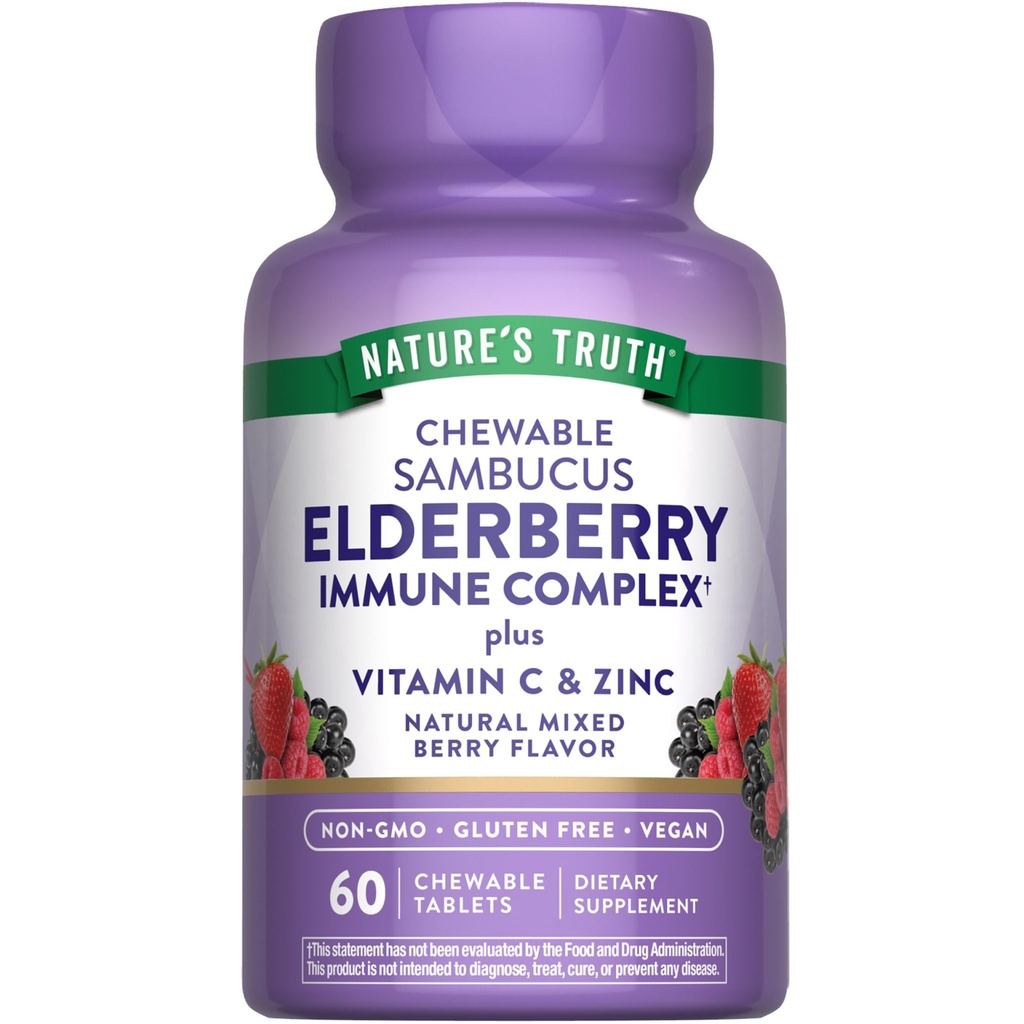 Nature 's Truth Elderberry Immune Complex: 124; 60 Tabletki do żucia: 124; Plus Witamina C & Cynk: 124; Mieszane jagody: 124; Wegan, Non-GMO, & Gluten