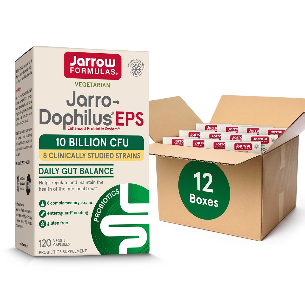 Jarrow Formulas Jarro- Dophilus EPS Probiotyki 10 Miliard CFU dla wsparcia trakcji jelitowej, suplement probiotyczny dla Gut zdrowia dla kobiet i mężczyzn, 120 Kapsułki wegetariańskie, Do 60 Day Supply, Opakowanie 12