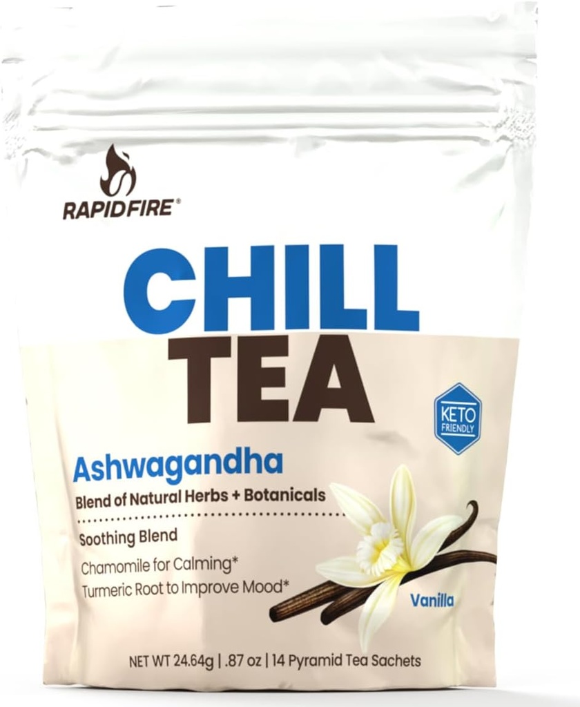 Chill Tea, Soothing Mieszanka, Promotes Relaxation, z Ashwagandha, Rumianek, Turmeric, Stress Relief Tea, Kofeina wolna, 14 Torby herbaty, 14 Służenie