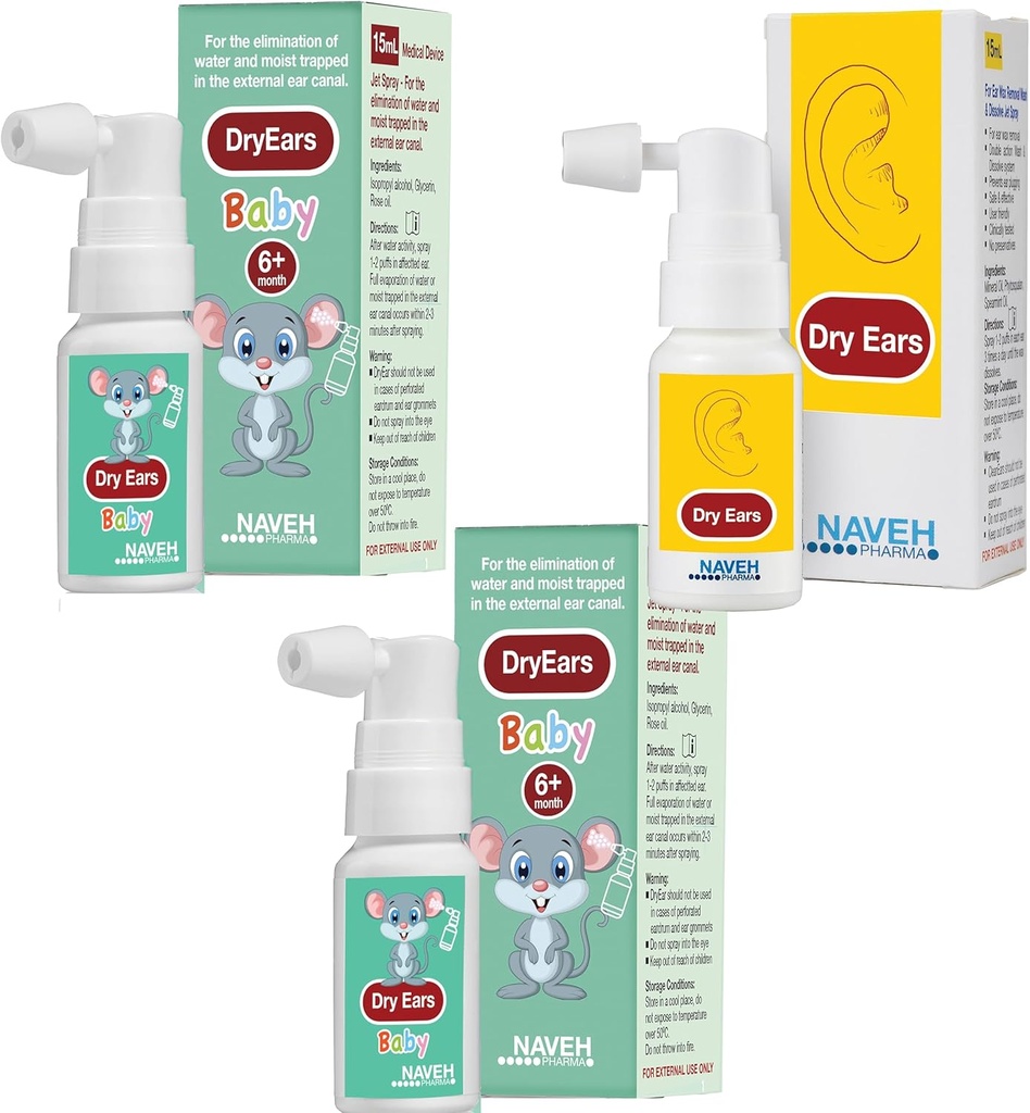 NAVEH PHARMA (2 jednostki suchych uszu Baby 0.5oz + 1 jednostki suchego ucha 1oz) - pływaki krople do uszu Spray - krople do suszenia uszu dla pływaków Dorośli i dzieci / usunąć wodę uwięziony w uszach i zapobiec, infekcja,