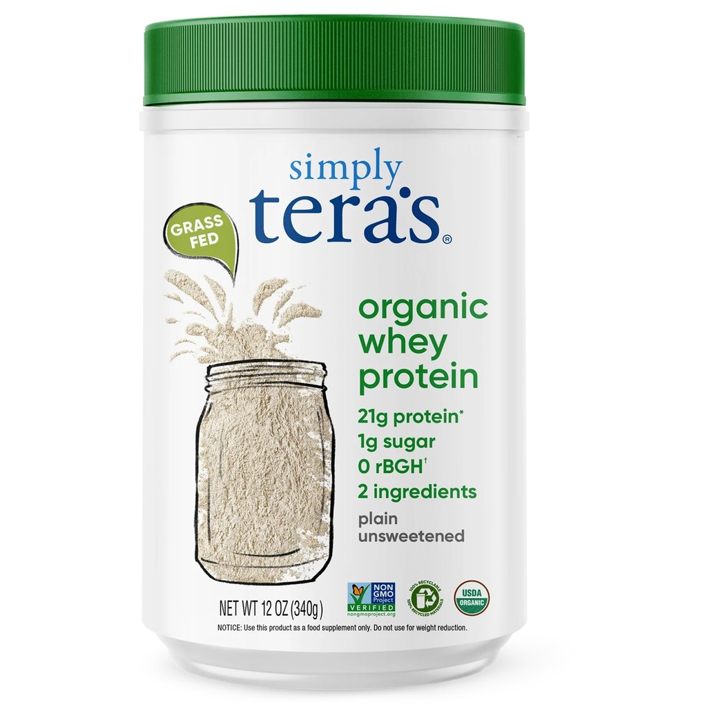 po prostu Tera 's Organic Serwatka Protein Powder - Grass Fed Chey Protein Powder Bez sztucznych słodzików, Unflavored, Non-GMO, Kosher, Gluten- Free - Plain Unsweetened 12 Oz.