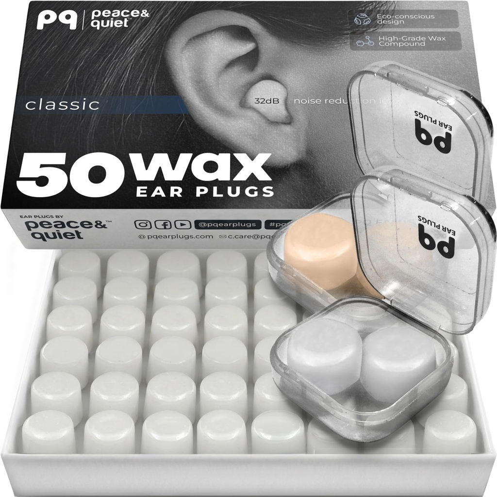 PQ Wosk Wosk wtyczki do snu, pływanie - 50 Noise Cancelling Silicone żel Wosk Wosk Zatyczki, Ochrona ucha do snu i pływania, Miękkie Wosk Poduszki z dźwiękowym blokowania poziomu 32Db, (50 Poduszki), Kolor: biały